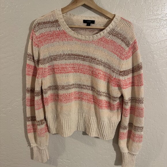 J. Crew 100% Cotton Cream & Pink Striped Crewneck Boucle Sweater - Picture 2 of 8